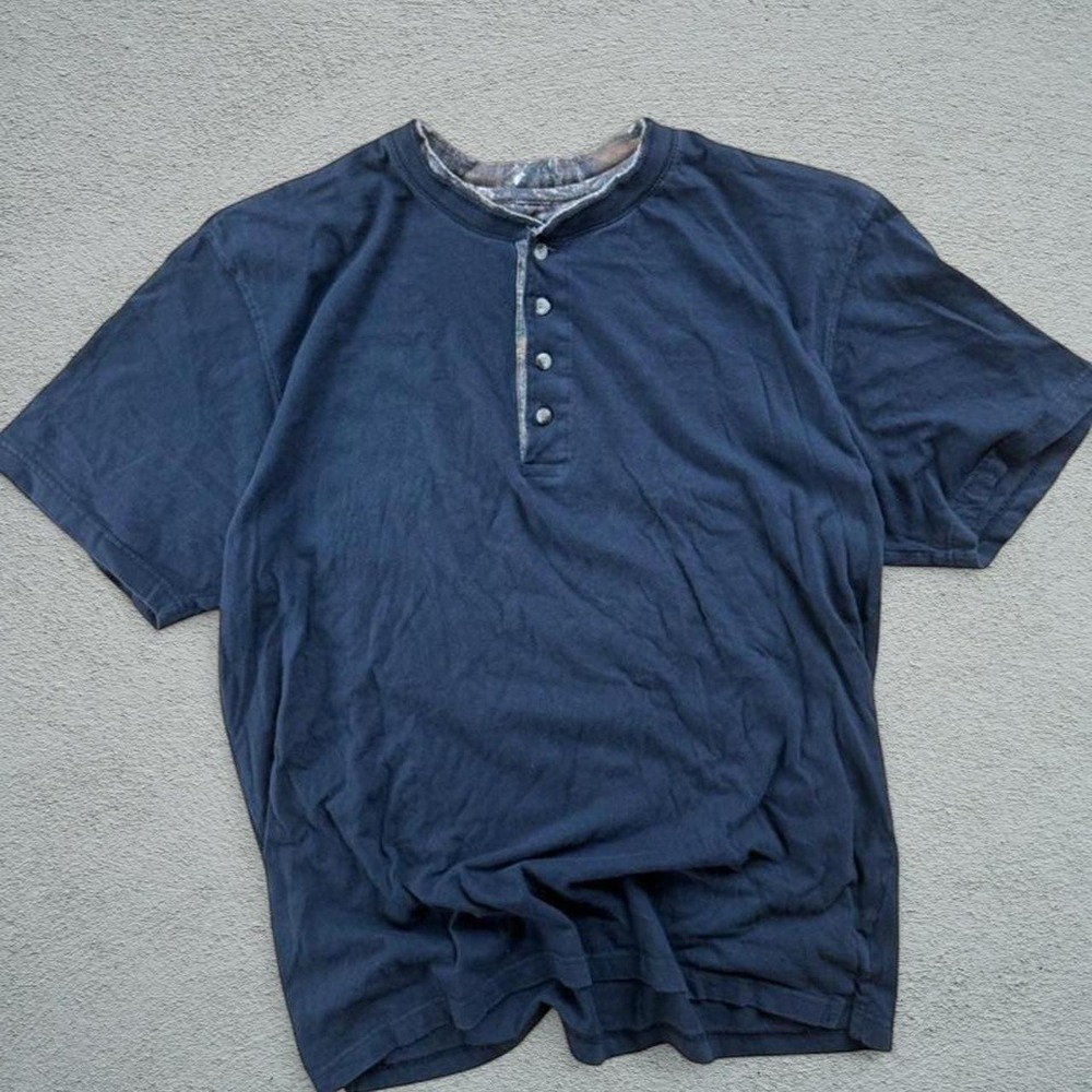Vintage Early 2000s Navy Henley Camo Trim Shirt XXL